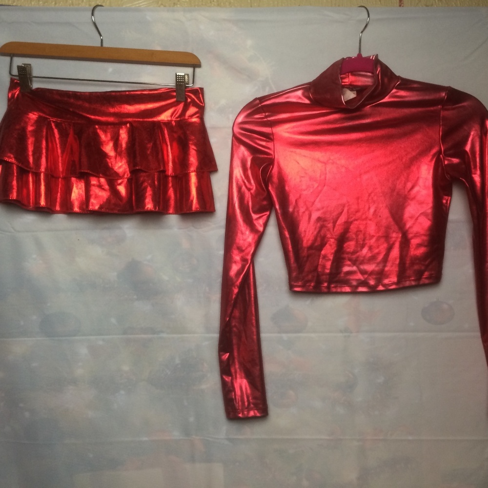 Metallic Cherry Red Crop Top and Mini Skirt Set